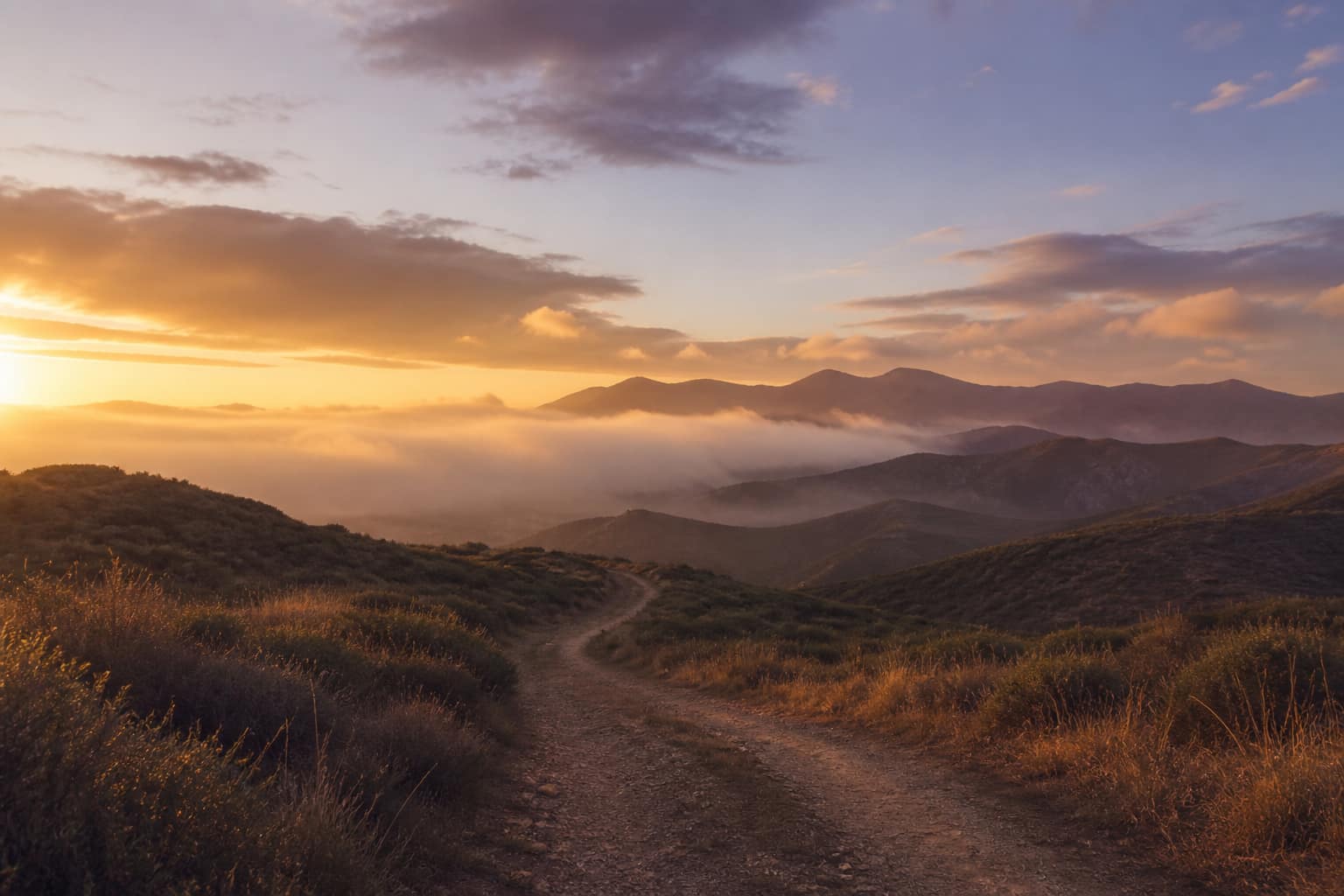 A quiet path through coastal hills at dusk