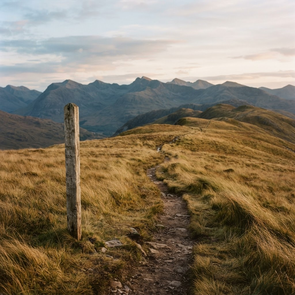 A marked path crossing a ridge toward distant mountains